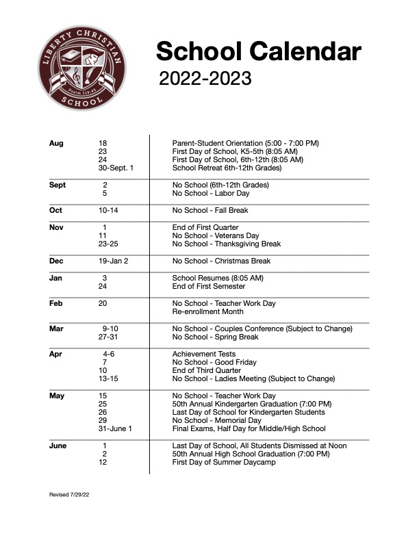 Calendar – Liberty Christian School of Durham, North Carolina